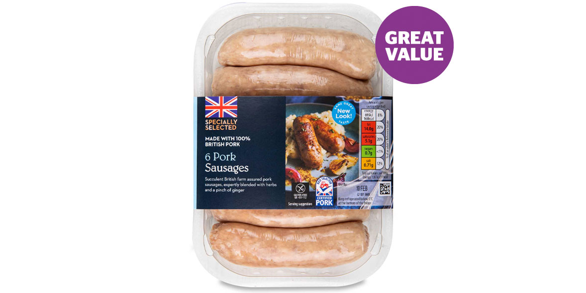 Aldi pork sausages with great value logo
