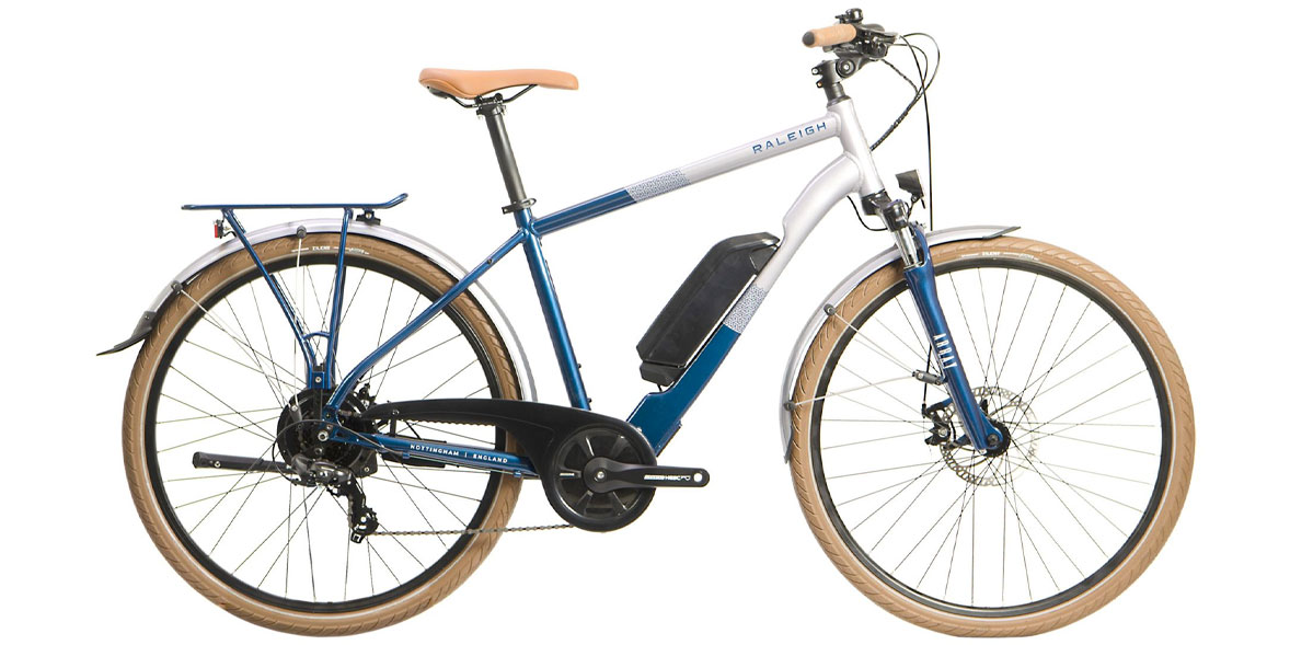 silver and blue Raleigh array hybrid electric bike 